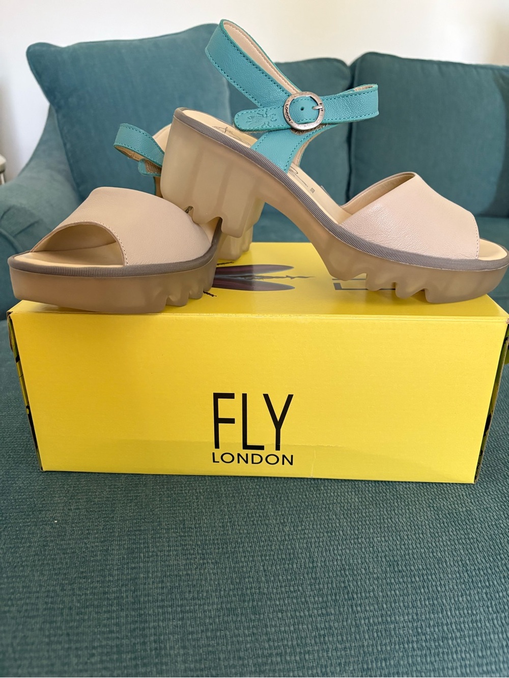 Fly London Beige Open-Toe Chunky Platform Sandals with Teal Ankle Strap